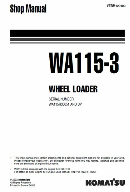 Komatsu WA115-3 Wheel Loader Pdf Repair and Service Manual