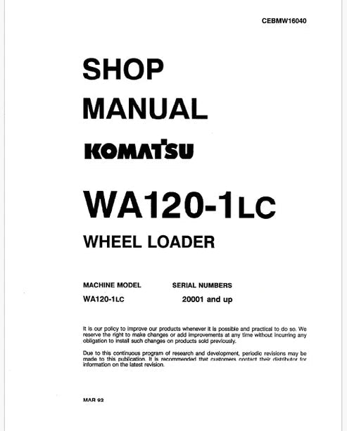 Komatsu WA120-1LC, WA120-1 LC Wheel Loader Pdf Repair and Service Manual Sn 20001 and UP
