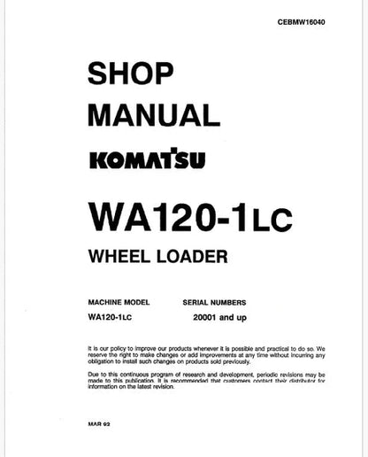 Komatsu WA120-1LC, WA120-1 LC Wheel Loader Pdf Repair and Service Manual Sn 20001 and UP
