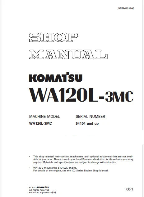 Komatsu WA120L-3MC Wheel Loader Pdf Repair and Service Manual Sn 54104 and UP
