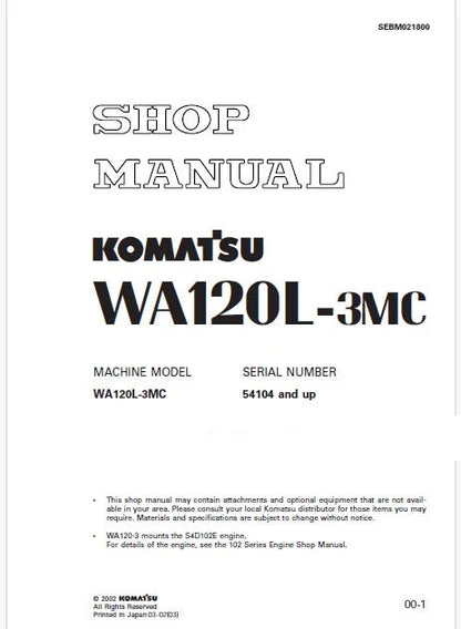 Komatsu WA120L-3MC Wheel Loader Pdf Repair and Service Manual Sn 54104 and UP

