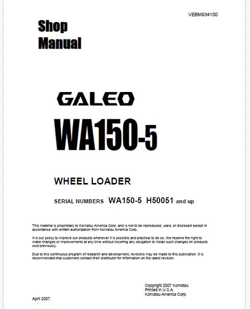 Komatsu WA150-5 Galeo Wheel Loader Pdf Repair and Service Manual Sn H50051 and UP
