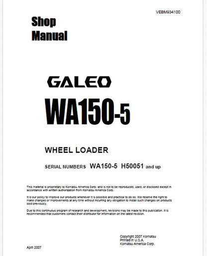 Komatsu WA150-5 Galeo Wheel Loader Pdf Repair and Service Manual Sn H50051 and UP
