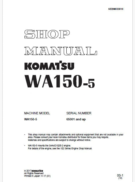Komatsu WA150-5 Wheel Loader Pdf Repair and Service Manual Sn 65001 and UP
