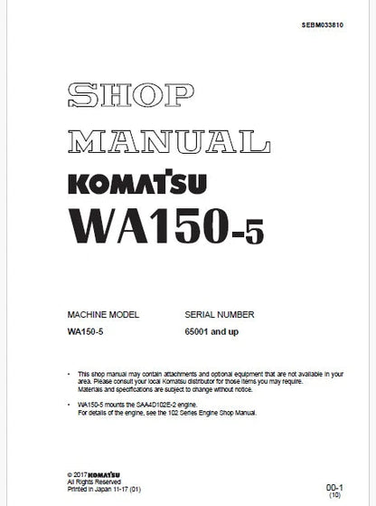 Komatsu WA150-5 Wheel Loader Pdf Repair and Service Manual Sn 65001 and UP
