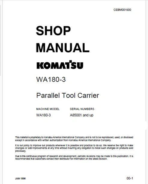 Komatsu WA180-3 Parallel Tool Carrier Pdf Repair and Service Manual Sn A85001 and UP
