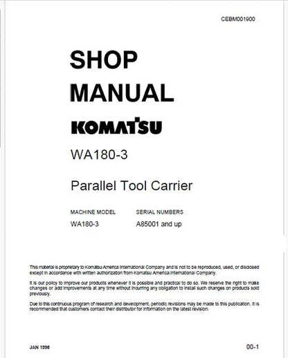 Komatsu WA180-3 Parallel Tool Carrier Pdf Repair and Service Manual Sn A85001 and UP
