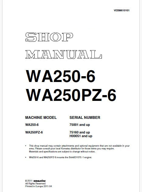 Komatsu WA250-6 Wheel Loader Pdf Repair and Service Manual Sn 75001 and UP 