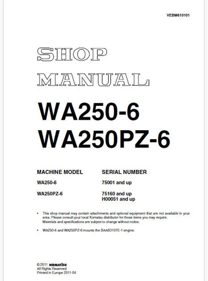 Komatsu WA250-6 Wheel Loader Pdf Repair and Service Manual Sn 75001 and UP 