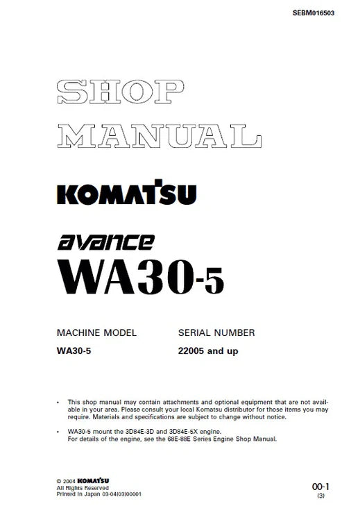 Komatsu WA30-5 Avance Wheel Loader Pdf Repair and Service Manual