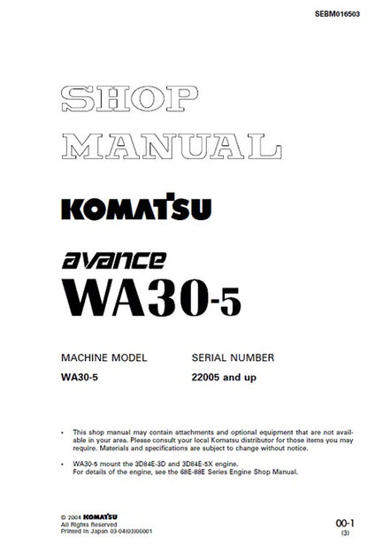 Komatsu WA30-5 Avance Wheel Loader Pdf Repair and Service Manual