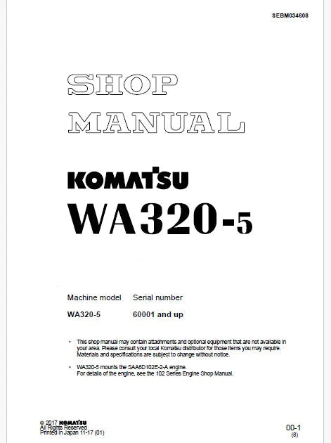Komatsu WA320-5 Wheel Loader Pdf Repair and Service Manual Sn 60001 and UP
