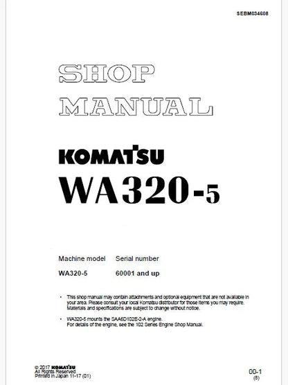 Komatsu WA320-5 Wheel Loader Pdf Repair and Service Manual Sn 60001 and UP
