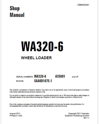 Komatsu WA320-6 Wheel Loader Pdf Repair and Service Manual