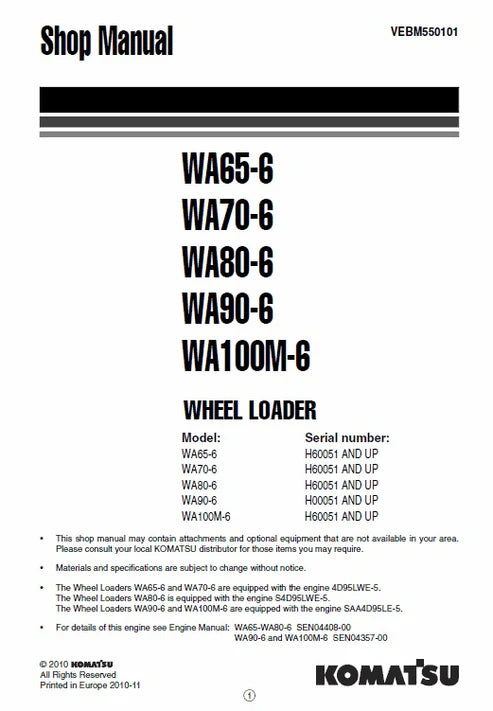 Komatsu WA65-6, WA70-6, WA80-6, WA90-6, WA100M-6 Wheel Loader Pdf Repair and Service Manual