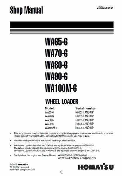 Komatsu WA65-6, WA70-6, WA80-6, WA90-6, WA100M-6 Wheel Loader Pdf Repair and Service Manual