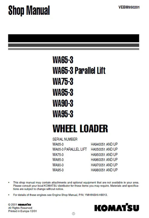 Komatsu WA75-3 Wheel Loader Pdf Repair and Service Manual